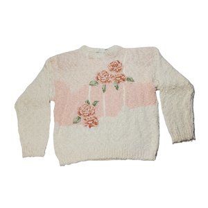 VTG 80s Shenanigans Chenille Knit Sweater Pastel Rose Applique Plush Sherpa